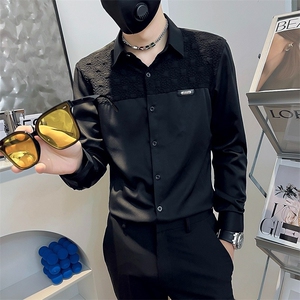 春秋新款发型师潮牌男装长袖拼接休闲衬衫男网红同款修身帅气衬衣图片