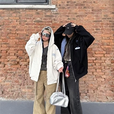 5409-P60原版刺绣格子帽子袖窿口袋压线后包领卫衣薄款/加绒，女装卫衣/绒衫，星座617A-2