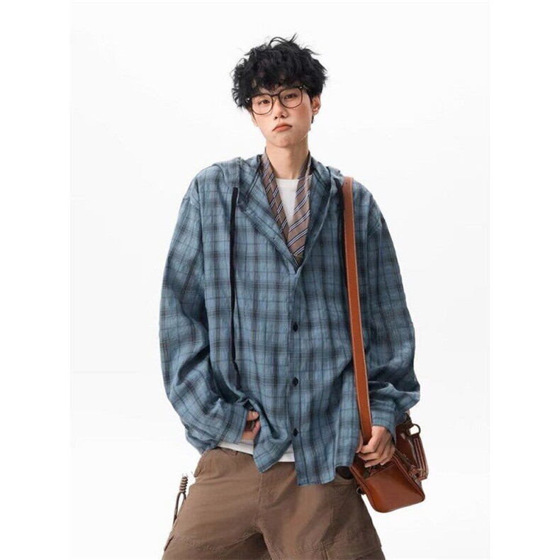 W9974-P50网图现货长袖连帽格子衬衫古休闲慵懒防晒衬衣外套,男装防晒衣,星座1608-2