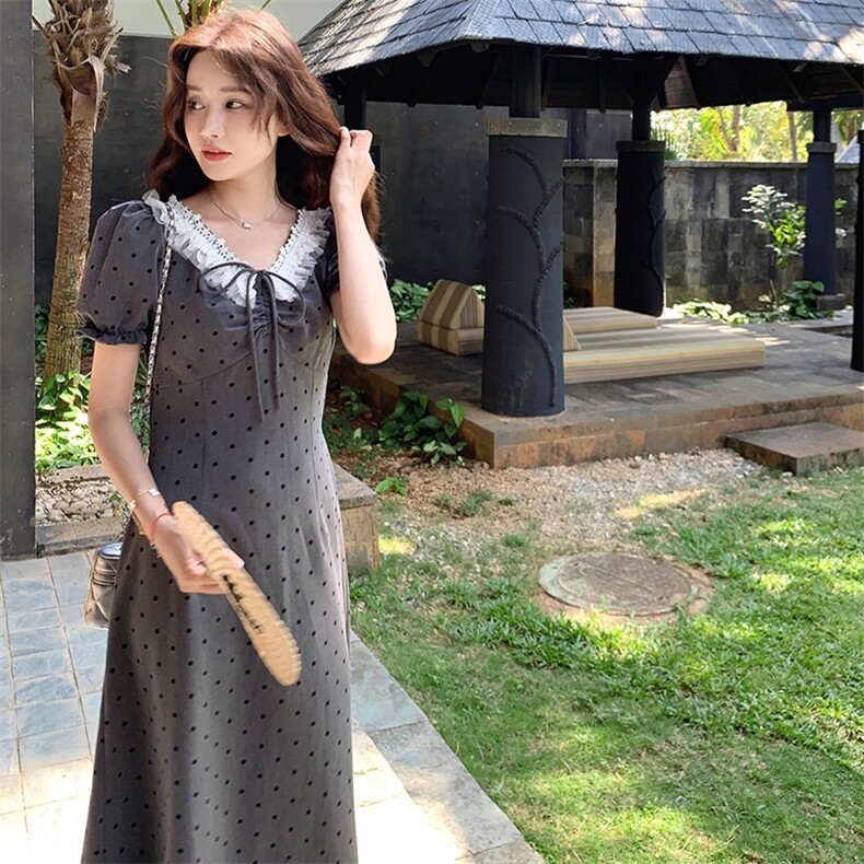 灰色波点泡泡袖连衣裙女2025夏季新款甜辣风设计感收腰显瘦长裙潮,女装连衣裙,浙宝305