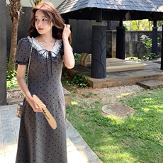 灰色波点泡泡袖连衣裙女2025夏季新款甜辣风设计感收腰显瘦长裙潮，女装连衣裙，浙宝305