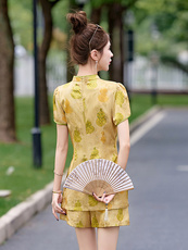 新中式国风提花套装女2025夏新款盘扣短袖上衣显瘦高腰短裤两件套，女装套装/套裙，沁沁公主