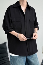 C5041/P35夏季薄款凉感冰丝短袖衬衫男宽松纯色大码七分袖衬衣，男装衬衫，电商A141