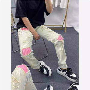 网红粉色补丁假破洞褶皱牛仔裤男女美式高街痞帅潮流百搭休闲长图片