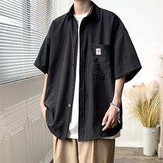 夏季港风衬衫外套工装短袖宽松半袖冰丝休闲上衣日系潮H225/P35，男装T恤，钱塘713