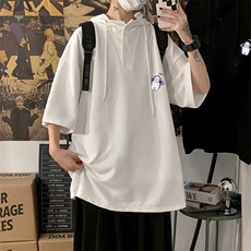 LD54167-P45连帽短袖t恤男大码胖子带帽五分袖中袖海报风，男装T恤，电商A040