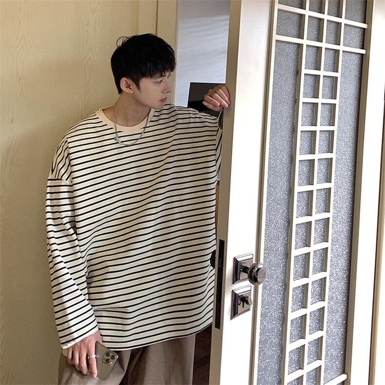 1抖音直播港风运动情侣大码嘻哈条纹长袖T恤CT7809P45控68,男装T恤,星座226-2