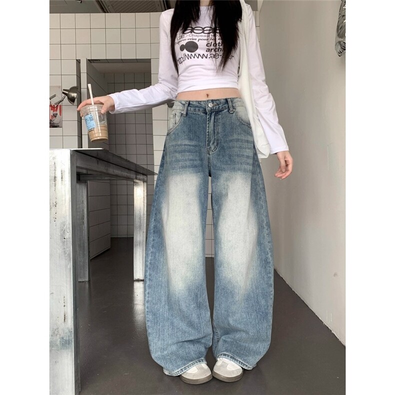 美式复古竹节纹水洗弯刀牛仔裤男款潮牌cleanfit宽松休闲阔腿长裤图片