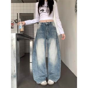 美式复古竹节纹水洗弯刀牛仔裤男款潮牌cleanfit宽松休闲阔腿长裤图片