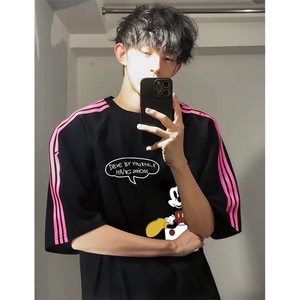 抖音得物品质二开240克宽松纯棉美式潮牌印花三条杠中性风短袖T恤图片