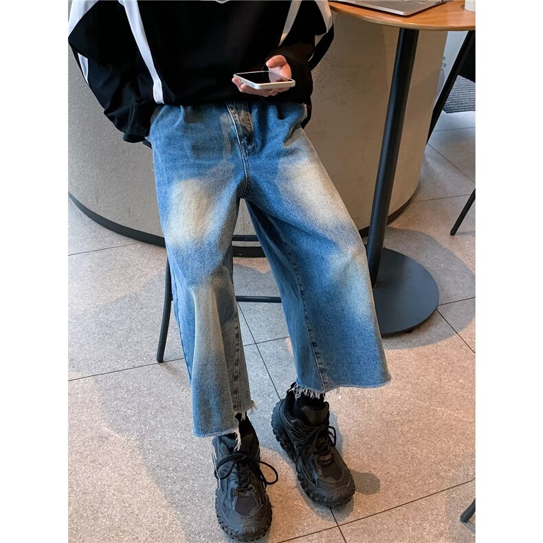 欧美高腰复古宽松牛仔九分裤男夏季新款高街休闲百搭直筒阔腿裤子图片