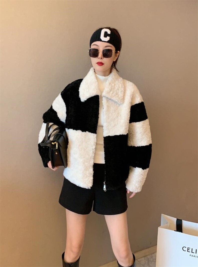 冬季棋盘格皮毛外套，其它，1.2.3.4