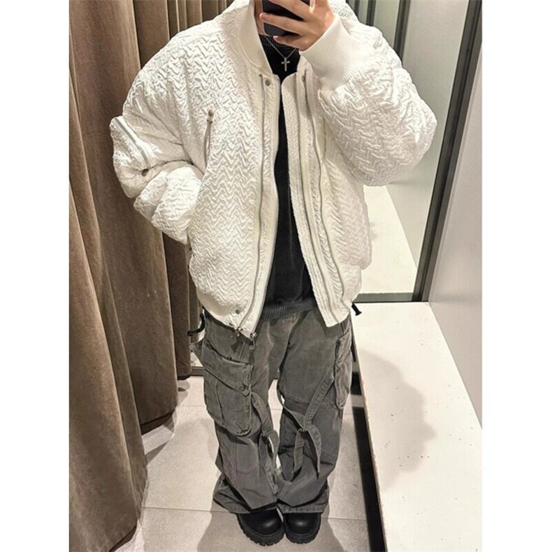【有货】白色双拉链立领棉衣外套褶皱棒球服棉服MY5014特P103,男装棉衣,星座908-1