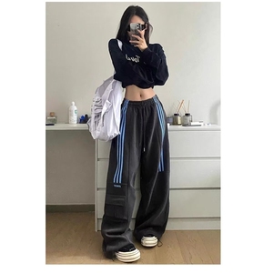 美式复古工装三条杠休闲裤女新款高腰显瘦直筒阔腿运动裤子潮ins