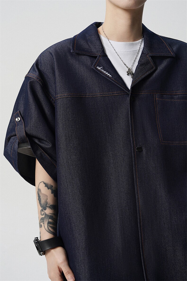 8XL-M夏季简约高级感冰丝牛仔古巴领男休闲痞帅宽松套装潮TZ109,男装休闲套装,电商D206-1