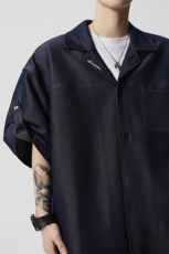8XL-M夏季简约高级感冰丝牛仔古巴领男休闲痞帅宽松套装潮TZ109，男装休闲套装，电商D206-1