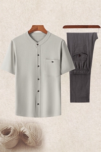 长年货男中老年风亚麻短袖衬衫长裤套装唐装棉麻半袖T恤图片