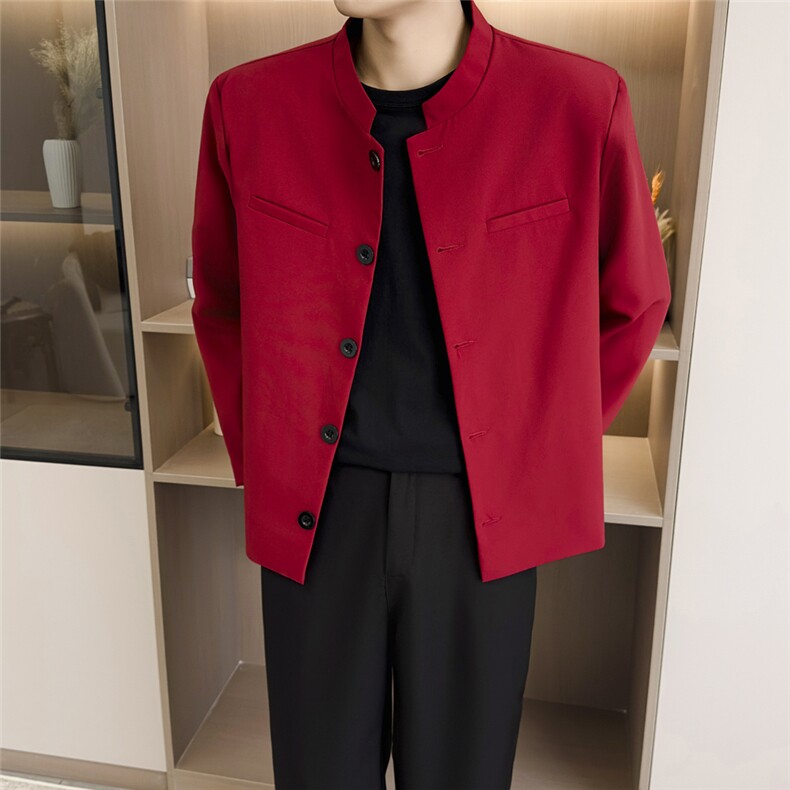 风春男立领西装单排扣外套本命红新中式中山装西服JAK35P60，男装西服套装，星座1013-1