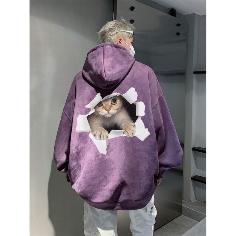 2025秋季新款日系猫咪印花麂皮绒宽松连帽卫衣wljp5002-特p45控79,男装卫衣,星座605(原A050)