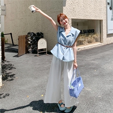 蓝色又酷又飒衬衫马甲休闲裤套装2025新款女夏轻熟通勤穿搭两件套，女装套装/套裙，2C166