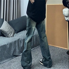 DA190-P48破洞牛仔裤男潮宽松直筒割破乞丐水洗做旧微喇叭裤子，男装牛仔裤，星座603-2
