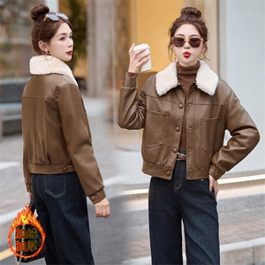 现货海宁f仿真皮皮衣女加绒加厚短款2024冬季新款女士宽松皮外套图片