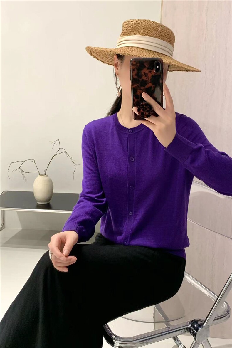 新款纯色圆领单排扣针织开衫时尚休闲风,针织衫/毛衣,优麦羊绒（原洪叶羊绒）