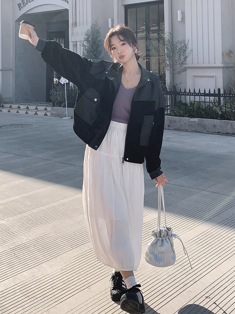 短款皮衣外套女2024秋季新款宽松洋气时尚显瘦休闲百搭拼接皮夹克,女装皮衣,简古