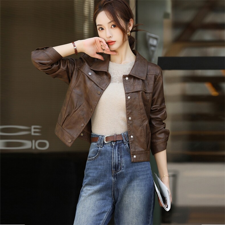 秋冬新韩皮U机车短款立领外套女上衣蝙蝠袖开衫宽松皮衣夹克外套，女装皮衣，欧兰熙