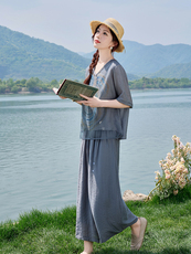 时尚印花棉麻阔腿裤套装女2025夏季新款气质松弛感穿搭麻料两件套，女装套装/套裙，魅影