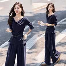 2025年秋新款时尚舒适荡领T恤阔腿裤两件套高级感气质复古轻熟风，女装套装/套裙，流量+