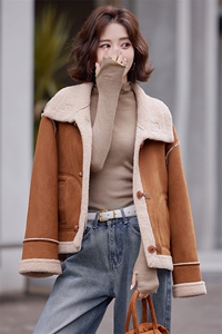 时尚休闲皮毛一体羊羔毛外套女2025冬新款韩系立领短款鹿皮绒棉服图片