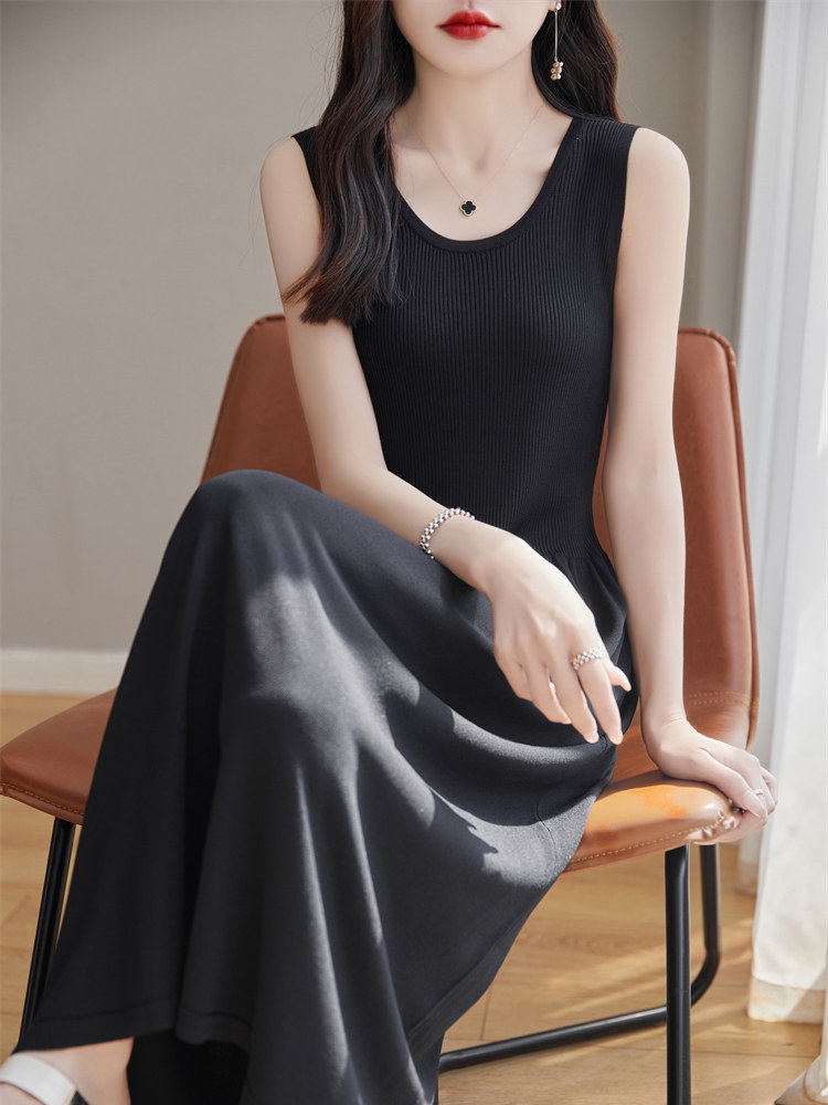 高级感冰丝针织吊带裙女夏新款长款收腰内搭无袖显瘦打底连衣裙子,女装连衣裙,暖姿羊绒