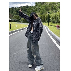 美式复古秋季破洞牛仔裤男女潮牌设计感高级感小众反穿裤子，男装牛仔裤，星座506A