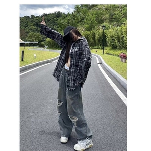 美式复古秋季破洞牛仔裤男女潮牌设计感高级感小众反穿裤子图片