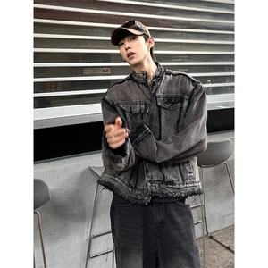 cleanfi垫肩短款牛仔外套男秋季新款痞帅宽松休闲夹克WLJK122-P80图片