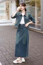 潮牌复古时尚牛仔套装女2024春秋新款洋气炸街短外套阔腿裤两件套，女装套装/套裙，江南女神