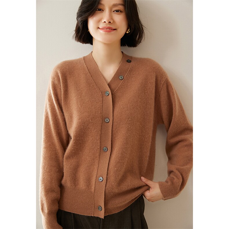 高端软糯V领羊绒开衫女亲肤山羊绒针织毛衣外套纯色上衣秋冬季，女装羊绒衫，绒创羊绒