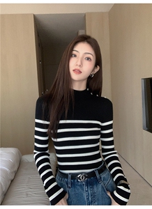 半高领条纹100纯山衫女洋气短款修身毛衣百搭显瘦针织打底衫图片