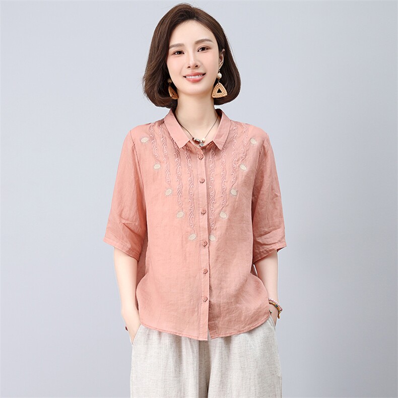 苎麻衬衫夏季2025新款刺绣薄款小衫上衣，女装衬衫，忆绮罗