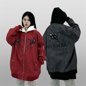 美式蜘蛛刺绣PU皮飞行员夹克男女春季新款复古做旧皮衣棒球服外套
