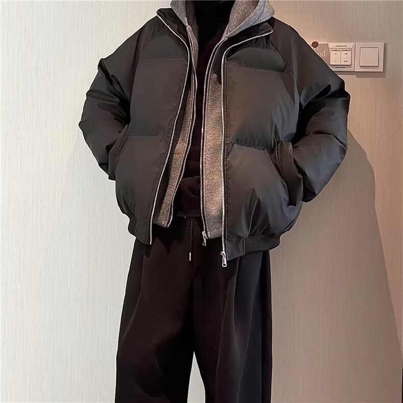 网图 美式假两件pu皮短款棉服男款冬季加厚工装棉袄连帽外套特P78图片