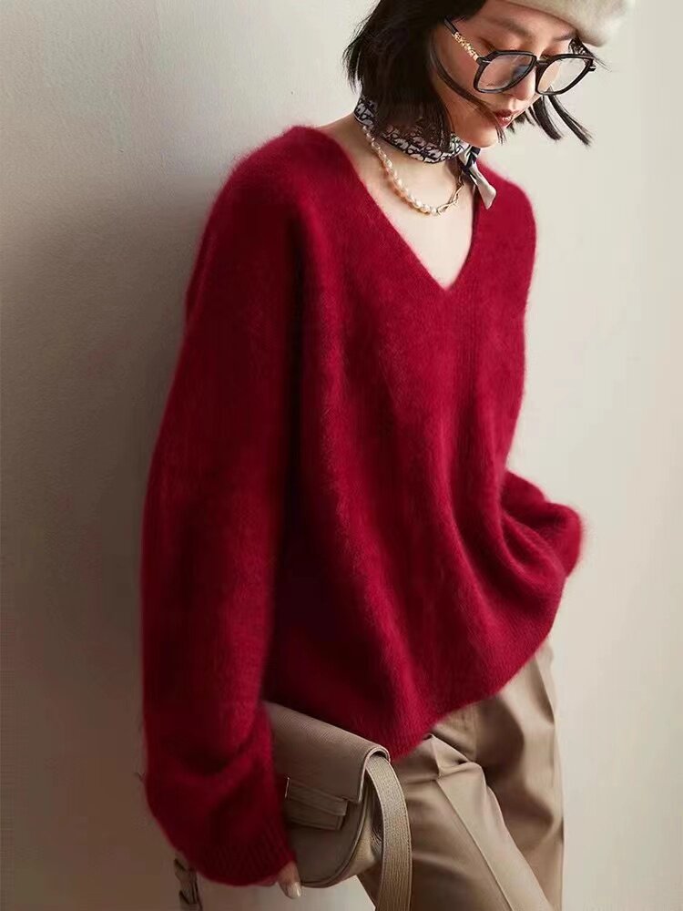 秋冬新款V领慵懒套头毛衣打底韩版宽松女针织上衣,针织衫/毛衣,半城羊绒