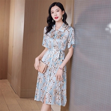 大喜自制【现货】莫奈花园2022复古修身真丝V领短袖印花连衣裙，女装连衣裙，阿舍尔精品