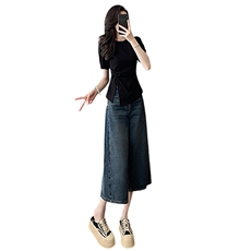 高级感时尚潮流套装女夏新款显瘦圆领开叉上衣阔腿提花短裤两件套，女装套装/套裙，2C310