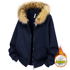 480G重磅加绒硬挺boxy秋冬美式高街超大毛领座山雕连帽卫衣厚外套，女装短外套，电商A486-1