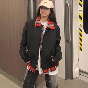 网络图现货格子双面穿拼接翻领夹克男装潮牌宽松休闲 RY6633-P80图片