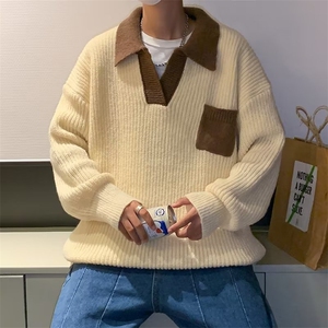 拼接翻领针织衫男潮牌毛衣秋冬休闲宽松情侣外套MY050  P43图片