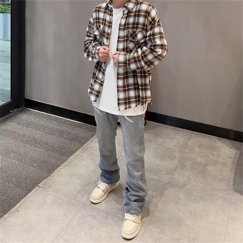 美式复古格子衬衫男长袖百搭春季字母刺绣潮牌情侣休闲外套,男装衬衫,星座716-2