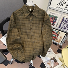 秋季新款港风日系复古贴袋宽松慵懒风格子翻领衬衫男潮ZC776-P65，男装衬衫，星座313A(原308A-2)